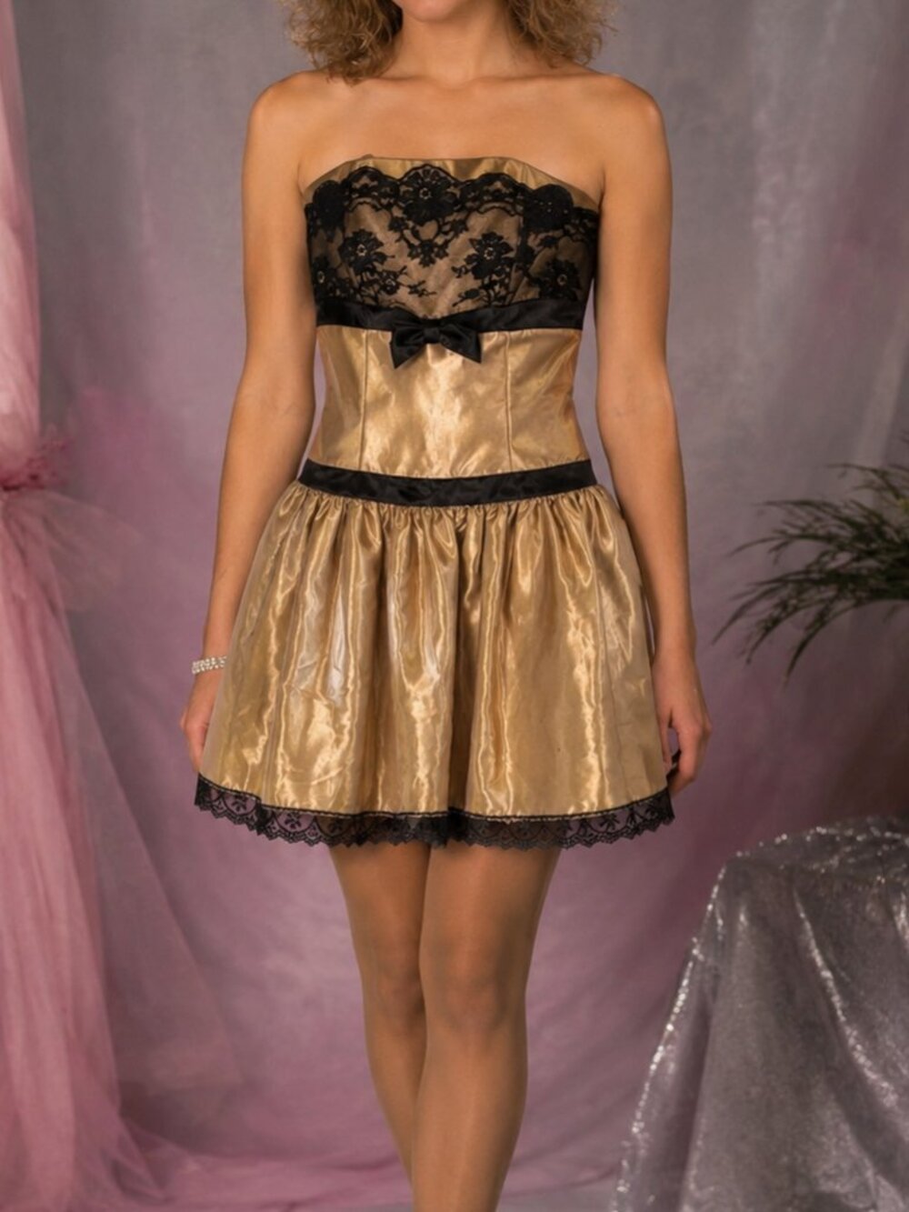 Jessica McClintock Gunne Sax Size 3/4 Mini Dress Strapless Gold Prom Lace
